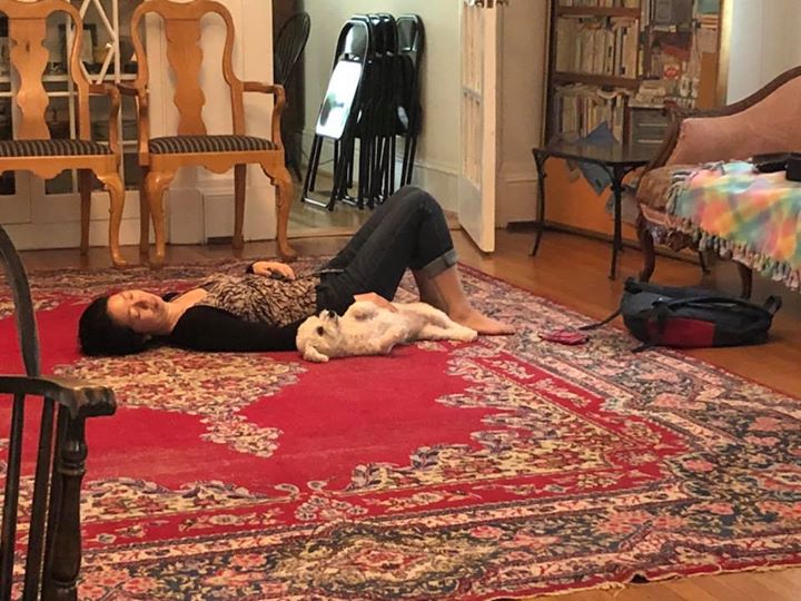Reiko Uchida, our pianist, is resting with Bijou between rehearsals in preparation for our concerts...